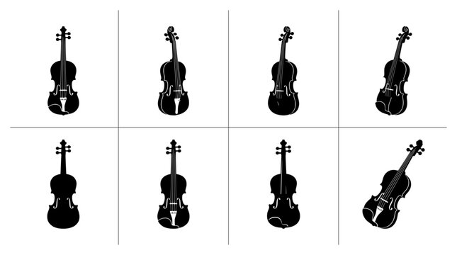 Violin silhouettes set with instruments in different poses, music and orchestra