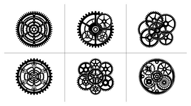 Gear sets silhouettes with clockwork and machinery mechanisms for industry and technology