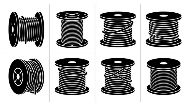 Wire spool silhouettes set with coiled cable and reels for industry and technology, graphic resources