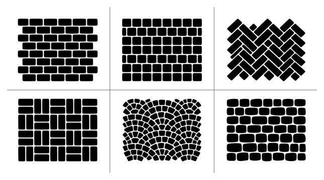 Paving stone patterns set with brick, herringbone and fan layouts for pathways