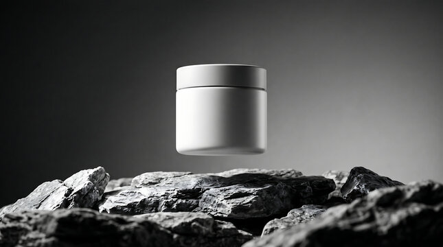 A floating cosmetic jar with a lid displayed among levitating rocks in a minimalist monochrome studio setting