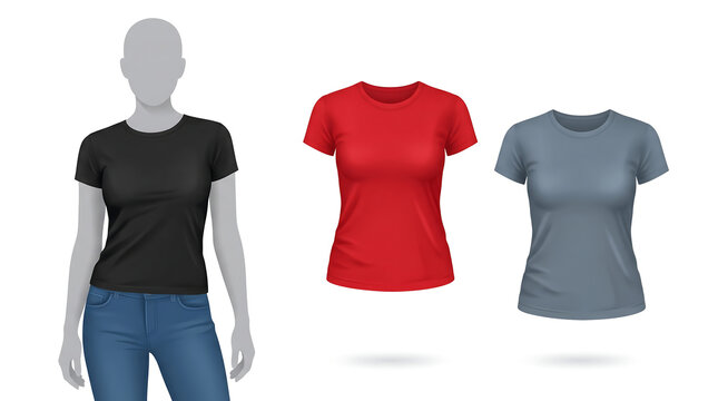 Digital illustration of a t-shirt mockup on a mannequin with jeans isolated on a plain background for apparel branding and product display