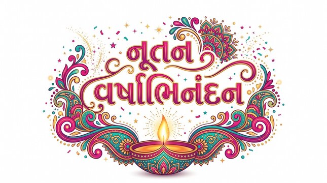 Gujarati Nutan Varshabhinandan Typography and Diya Vector Design