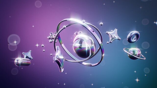 Y2K Liquid Chrome Metaball Core With Gyroscope Rings And Orbiting Chrome Stars 4K