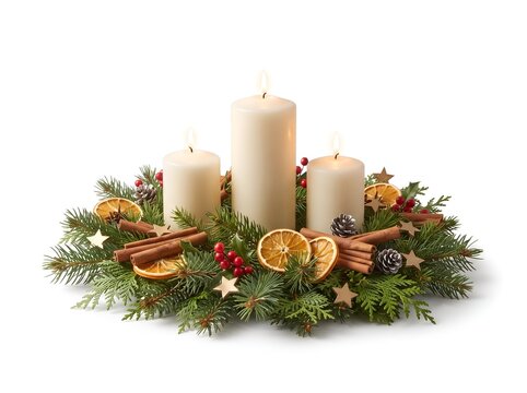 Christmas advent wreath with three lit candles, pine, holly, orange slices, and cinnamon sticks