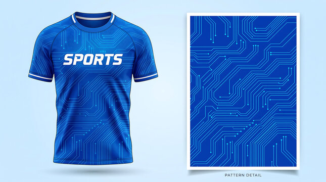 Sports jersey mockup with a blue digital circuit board pattern on a studio background