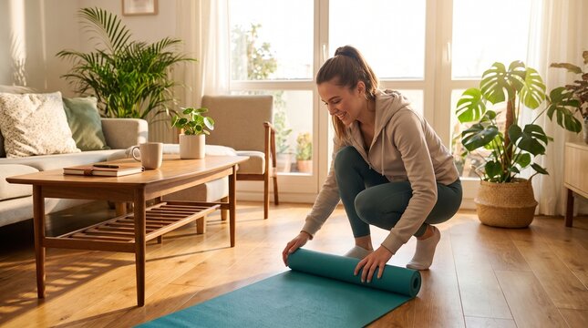 Young woman unrolling a yoga mat in a bright living room preparing for a home workout session