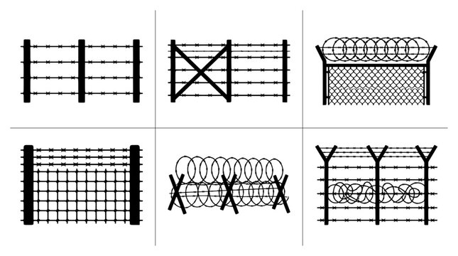 Barbed wire and fence set with security barriers, border protection and exclusion zone