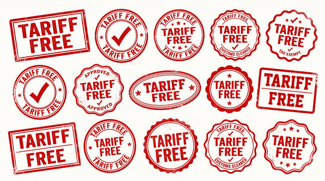 Set of tariff free rubber stamps with distressed red ink texture for logistics and international trade documentation
