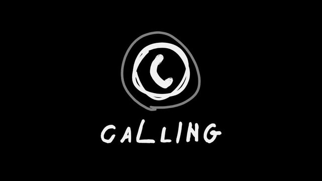 Calling word with hand-drawn phone icon and radiating pulse rings, stop motion animation. White doodle on black background.