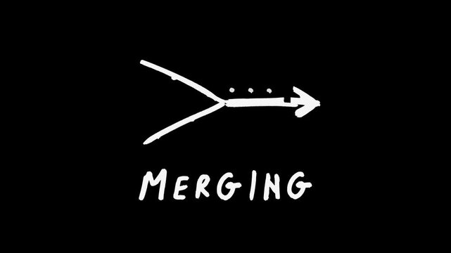 Merging word with two hand-drawn paths joining into one arrow, stop motion animation. White marker doodle on black background.