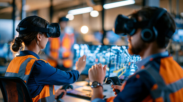 Immersive virtual reality training for industry professionals rear view of european workers in vr headsets and high visibility safety vests gesturing with controllers in a modern bright
