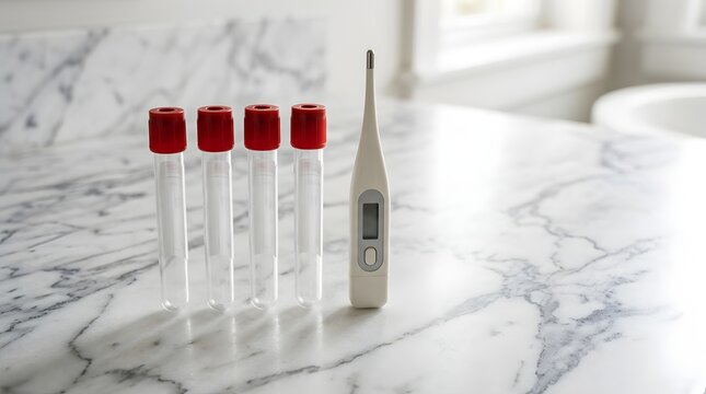 Four empty test tubes and digital thermometer on white marble surface
