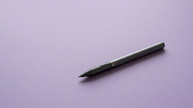 Sleek dark grey digital stylus pen resting diagonally upon a smooth pastel purple background