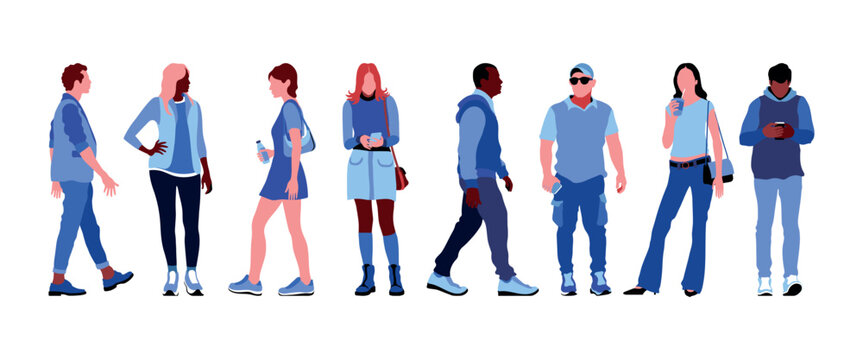 Set of elegant people walking, strolling, and standing and wearing smart casual outfit. Collection of handsome male and female characters different races, body types. Vector handmade drawing card.