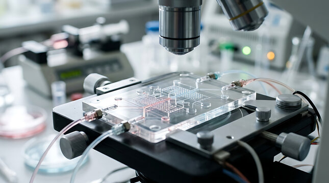 Microfluidic chip under microscope lens for scientific research in a laboratory
