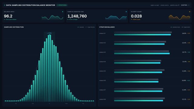 Data sampling distribution balance monitor with histogram bell curve stratum bars, for statistics, quality control, 4k machine learning performance data