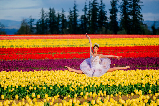 Ballet white dancer performing mid-air leap over vibrant tulip field