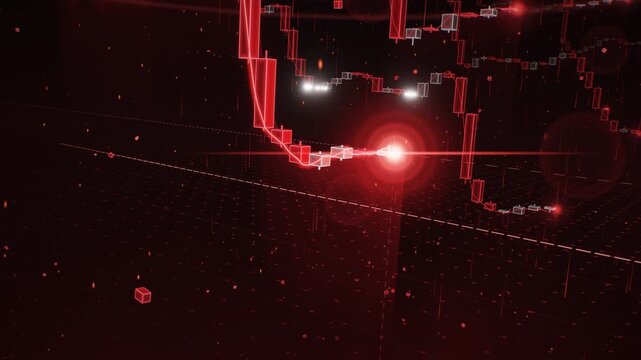 Red market crash 3d glowing candlestick charts plunging through shattering support levels with sparks seamless loop