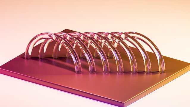 Rows of transparent curved tubes on reflective metallic base