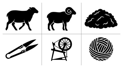 Sheep wool processing set with sheep, fleece, scissors, spinning wheel and yarn ball for fabric design © Arafat