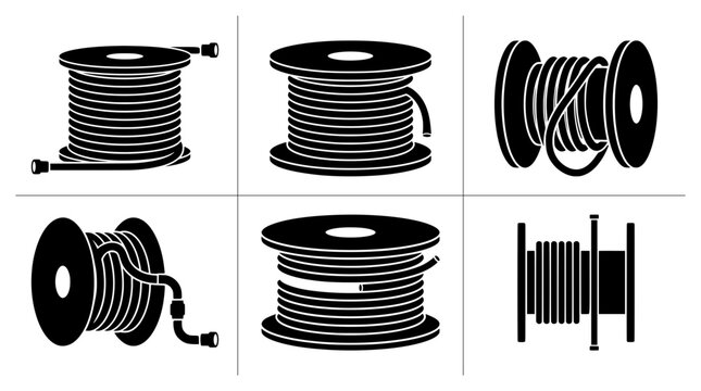 Hose reel silhouettes set with coiled hoses for watering and industry