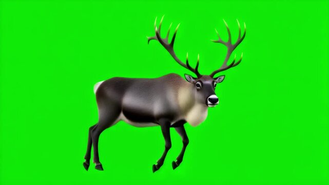 A majestic 3D animated reindeer with large antlers trotting in place on a chroma key green screen. Ideal for holiday, nature, and educational content.