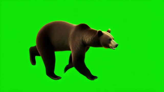 A majestic brown bear walks with a natural gait on a chroma key background, perfect for various creative projects
