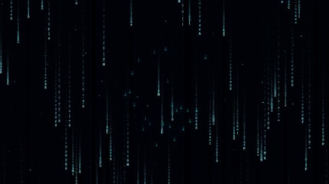 Digital Binary Code Matrix Rain Motion Background. Cyan vertical digital code falling on a dark background. Cyberpunk matrix style digital rain perfect for technology, coding, and cybersecurity.