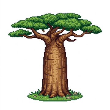 Pixel art illustration of a massive baobab tree with thick trunk and green canopy, isolated on white background..