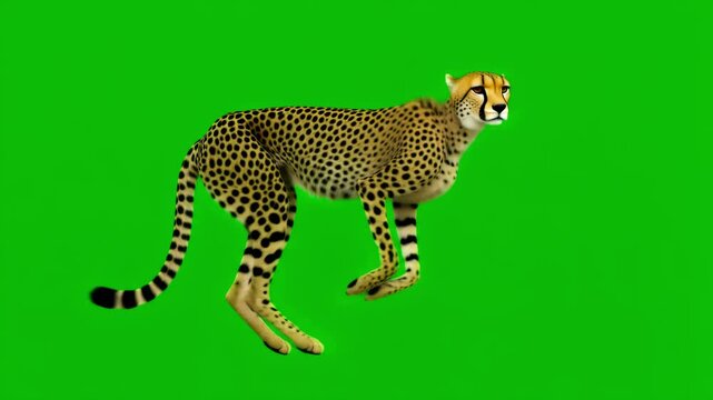 A majestic cheetah runs with incredible speed and grace across a vibrant green screen, perfect for compositing into various projects.