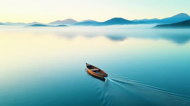 A lone wooden boat glides across a calm, misty lake at sunrise, leaving a gentle wake. Foggy mountains are distant.