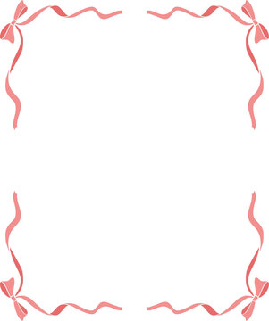 Coral ribbon frame vector with bows in each corner, wavy coquette border for wedding and birthday invitations