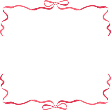 Red wavy ribbon border vector with small bows top and bottom, horizontal coquette frame for valentine cards