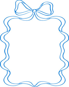 Blue wavy ribbon frame vector with bow on top, vertical doodle border for baby shower and birthday cards