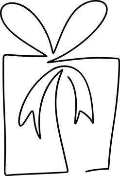One line gift box drawing vector with big bow, minimalist continuous line present outline for holiday cards