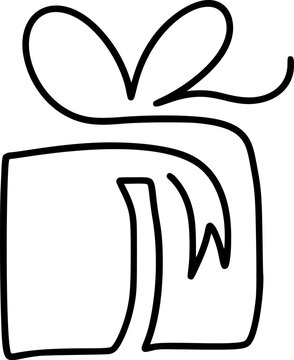 Small doodle gift box vector icon with bow, black outline present drawing for birthday party invitations