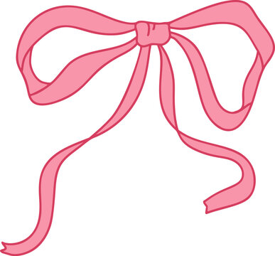 Pink satin ribbon bow vector with outlined folds and long curly tails, elegant coquette gift decoration