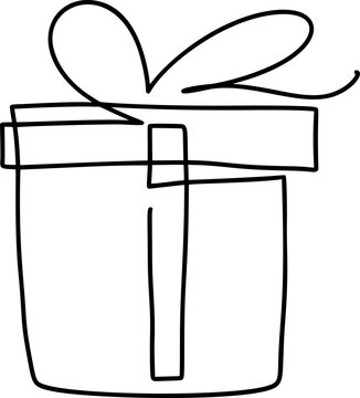 Hand drawn present box vector with ribbon and lid, simple black line art gift icon for birthday and christmas