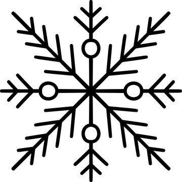 Black snowflake line icon vector with circles and arrow branches, geometric winter frost symbol for christmas