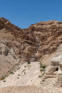 A dried waterfll in the desert as seen from the Qumran Nationl Park in Israel.
