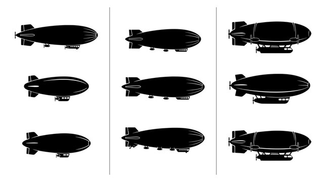 Zeppelin silhouettes set with dirigibles and airships for travel, transport and aviation logos