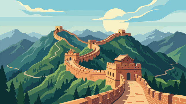 Stylized vector illustration of the Great Wall of China winding through green mountain ridges with ancient stone watchtowers under a bright sun and blue sky with wispy clouds.