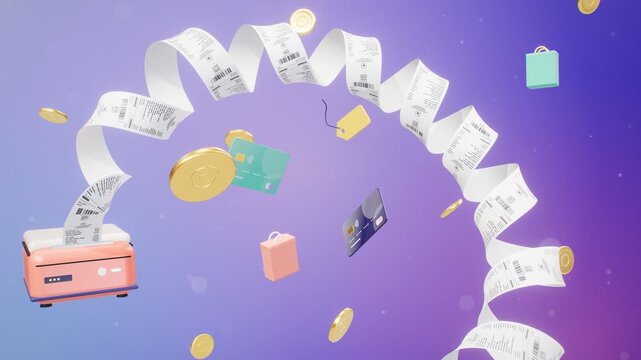 Receipt paper printing continuously from pink POS machine with floating credit cards and coins