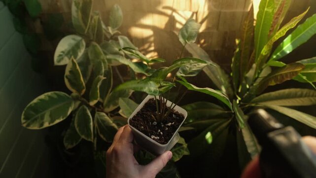 Woman spraying houseplant sygnonium. Home gardening, plants care