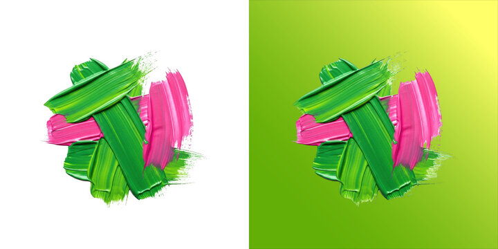 A collection of thick, textured oil paint brush strokes in vibrant green and bright pink colors, arranged in a circular composition, white background