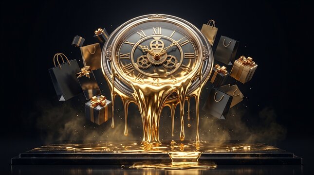 Black Friday luxury sale concept with melting golden clock and shopping bags