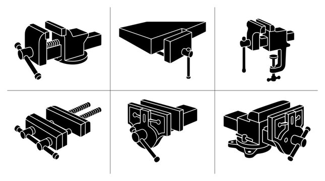 Various vice tool silhouettes set with clamp, bench and screw mechanisms for industry