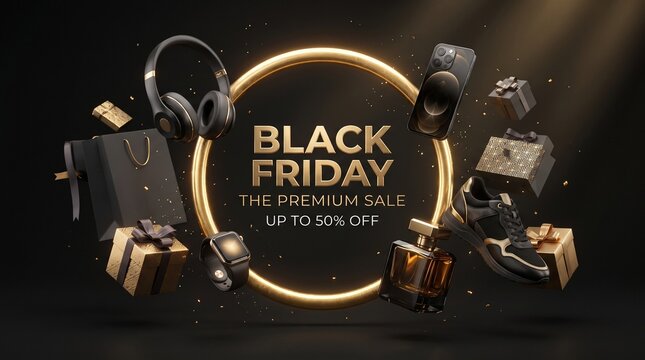 Black Friday Premium Sale Promotional Banner with Floating Luxury Products