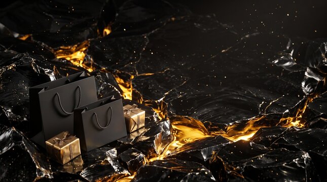 Black Friday shopping bags and gift boxes on glowing obsidian stone